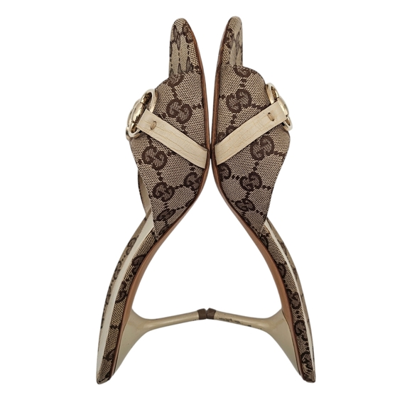 Gucci GG Logo Monogram Canvas Horsebit Mule Heel Size 9.5 Beige Brown Silver - Picture 5 of 9